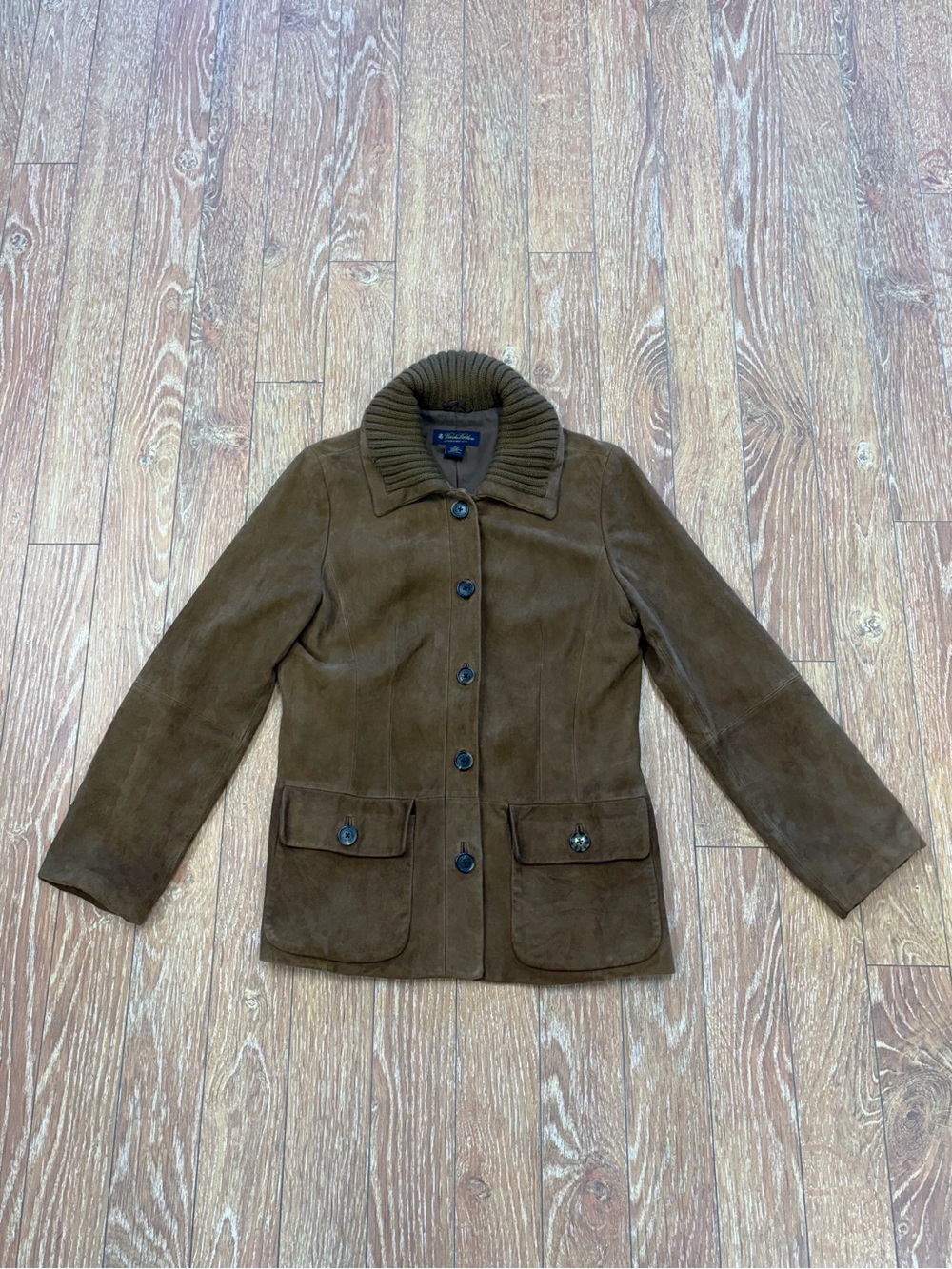 Brooks Brothers Brown Suede Leather Button-Up Jacket with Knitted Collar - Sz 10